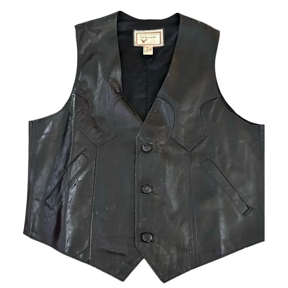 Vintage El Venado Men's Black Genuine Leather Button Up Western Vest Size 44